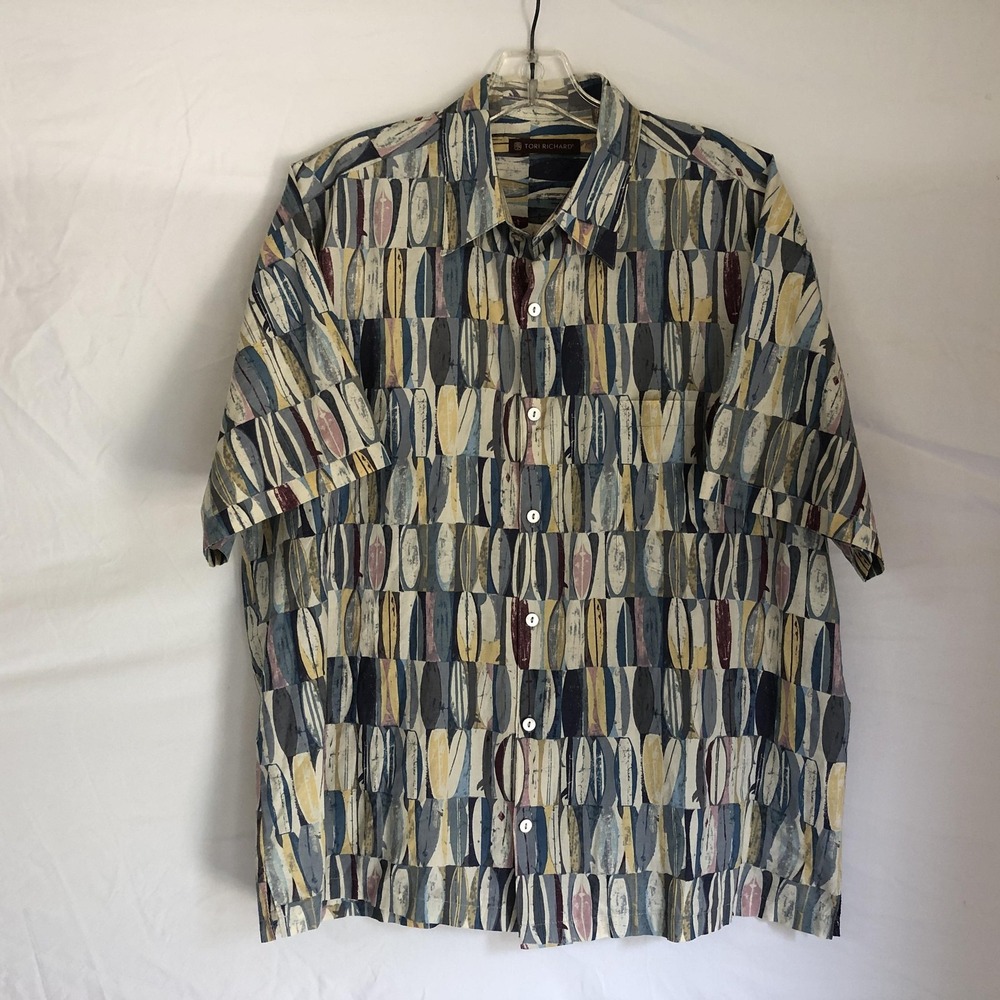 Tori Richard Shirt Mens Medium Blue Surfboard Hawaiian Short Sleeve Button Front